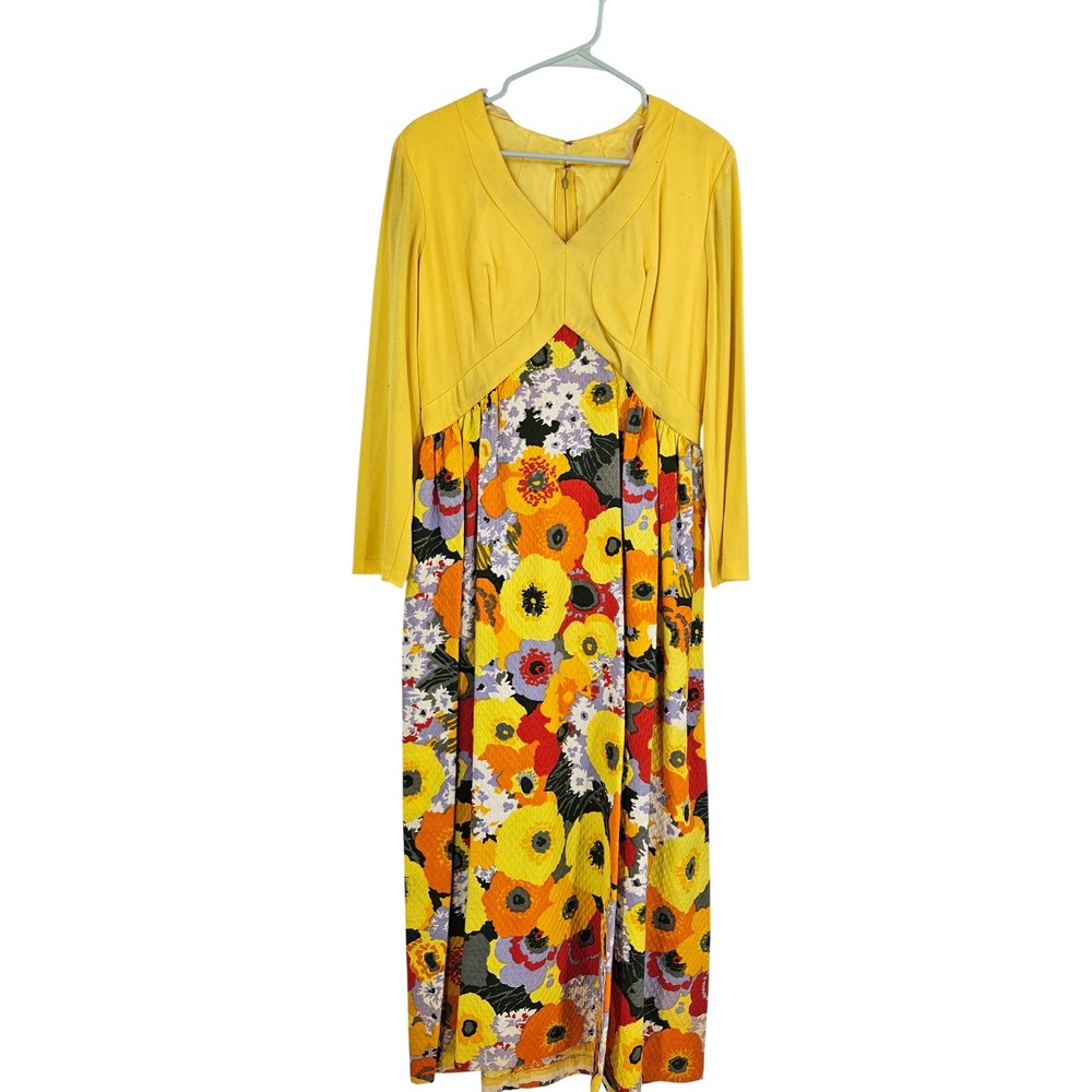Vintage 70s Floral Maxi Dress Yellow Long Sleeve V-neck Mod Psychedelic Size 6